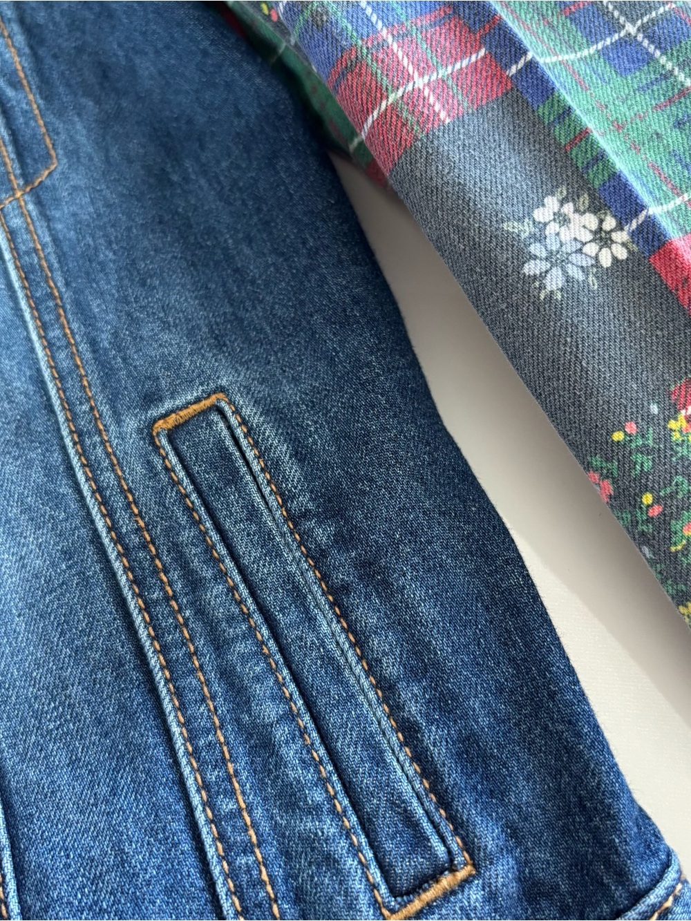 Gap Kids Girls Plaid Patchwork Denim Icon Jean Jacket Festive Holiday - Picture 3 of 10
